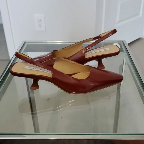 Saks Fifth Ave Patent Leather Wine kittenHeel slingback shoe Size 6 like new WOB - Picture 8 of 8